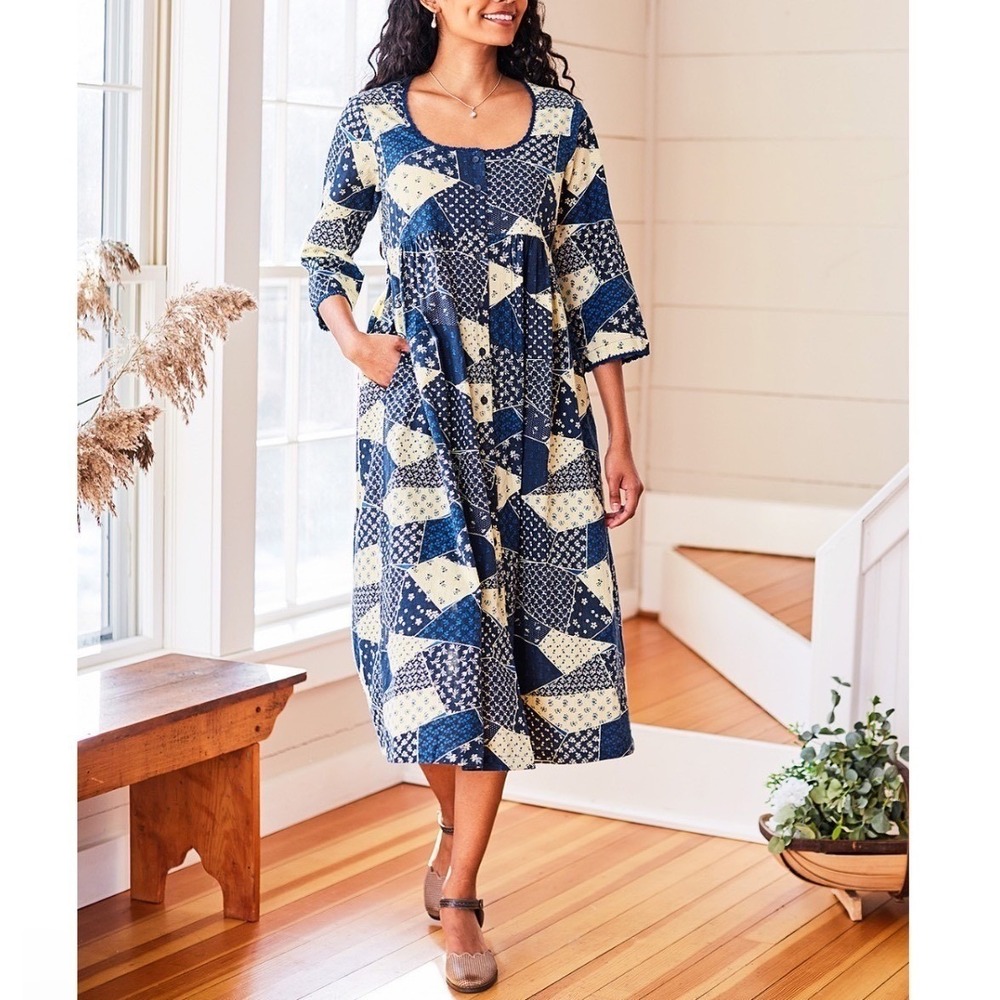 April Cornell Prairie Calico Dress Blue Patchwork Midi XXL 2X Cottagecore Boho